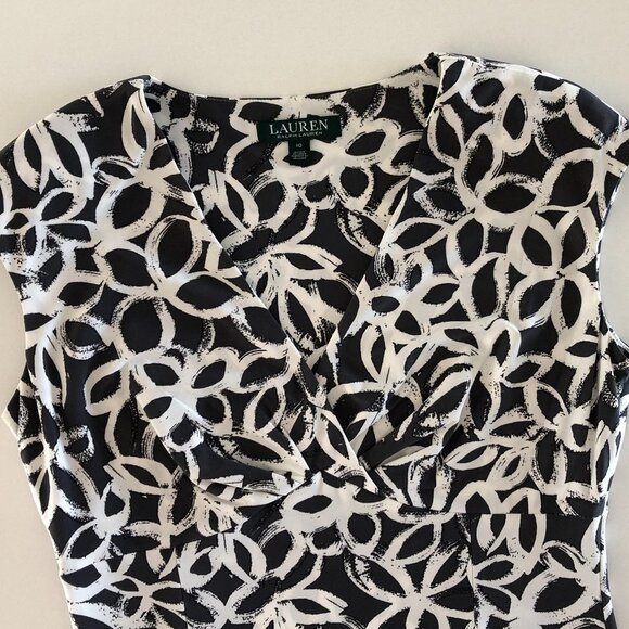 Lauren Ralph Lauren V Neck Fit & Flare Sleeveless Print Dress Grey + White Sz 10 - Picture 9 of 13